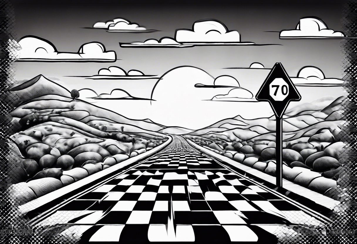 a road sign that say road to riches with a person walkin on a chessboard tattoo idea