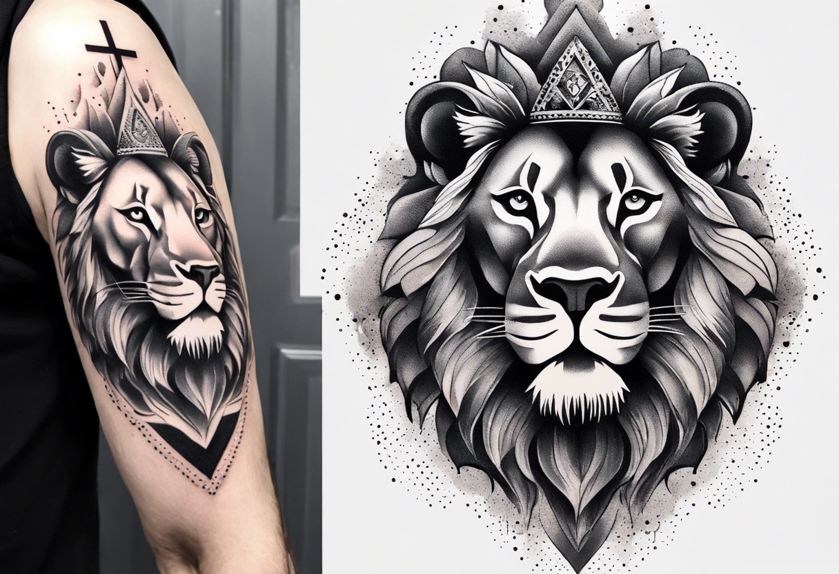 Tattoo in the shape of a lion head with a father and son in the mountains with  a waterfall and cross in the background and a sunset inside of it tattoo idea