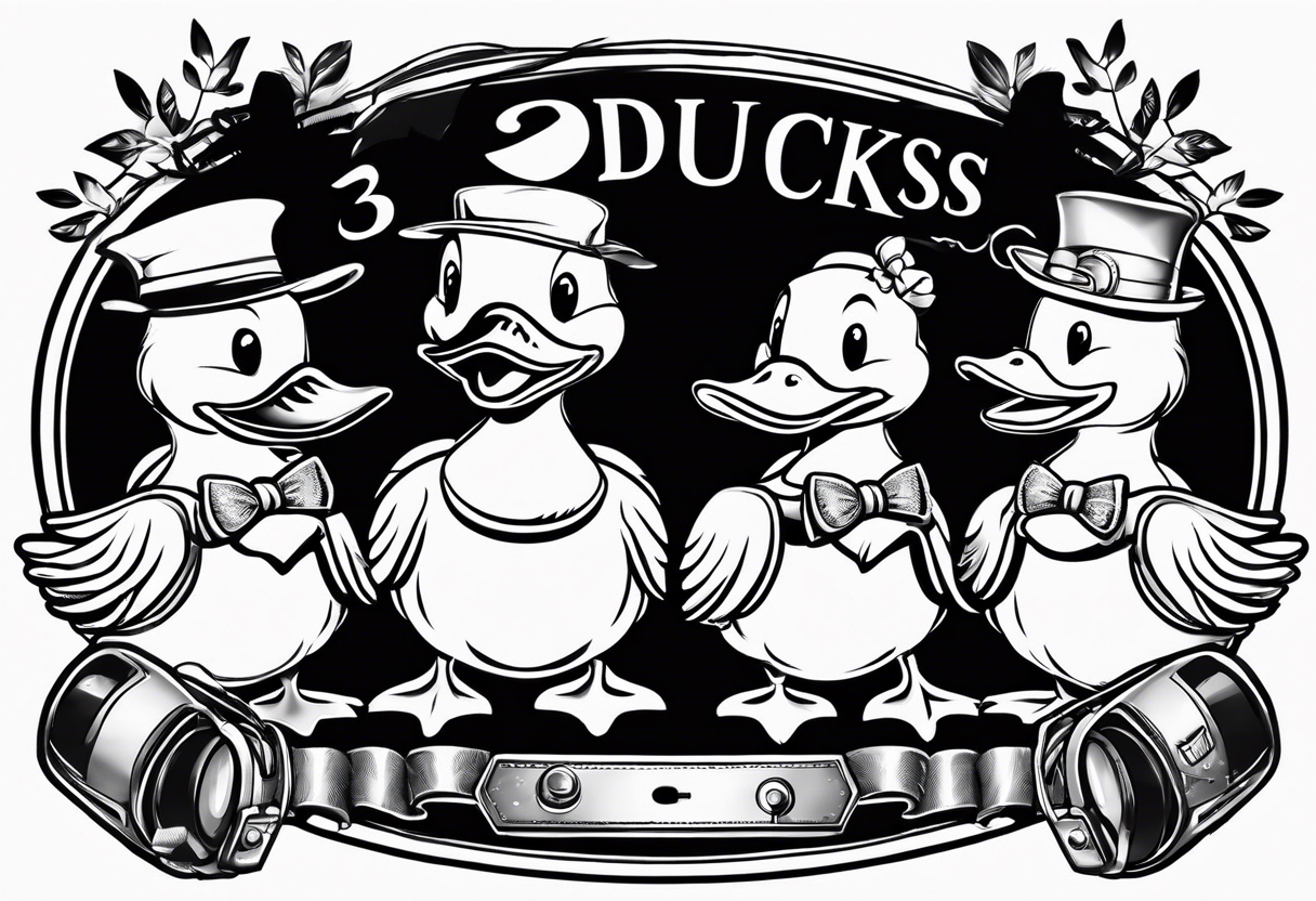 3 ducks in a row

The ducks are rubber duck, cartoonish 

1st duck is holding a roll of paper under its wing

2nd duck is wearing a radio headset 

3rd duck is holding a screwdriver in its bill tattoo idea