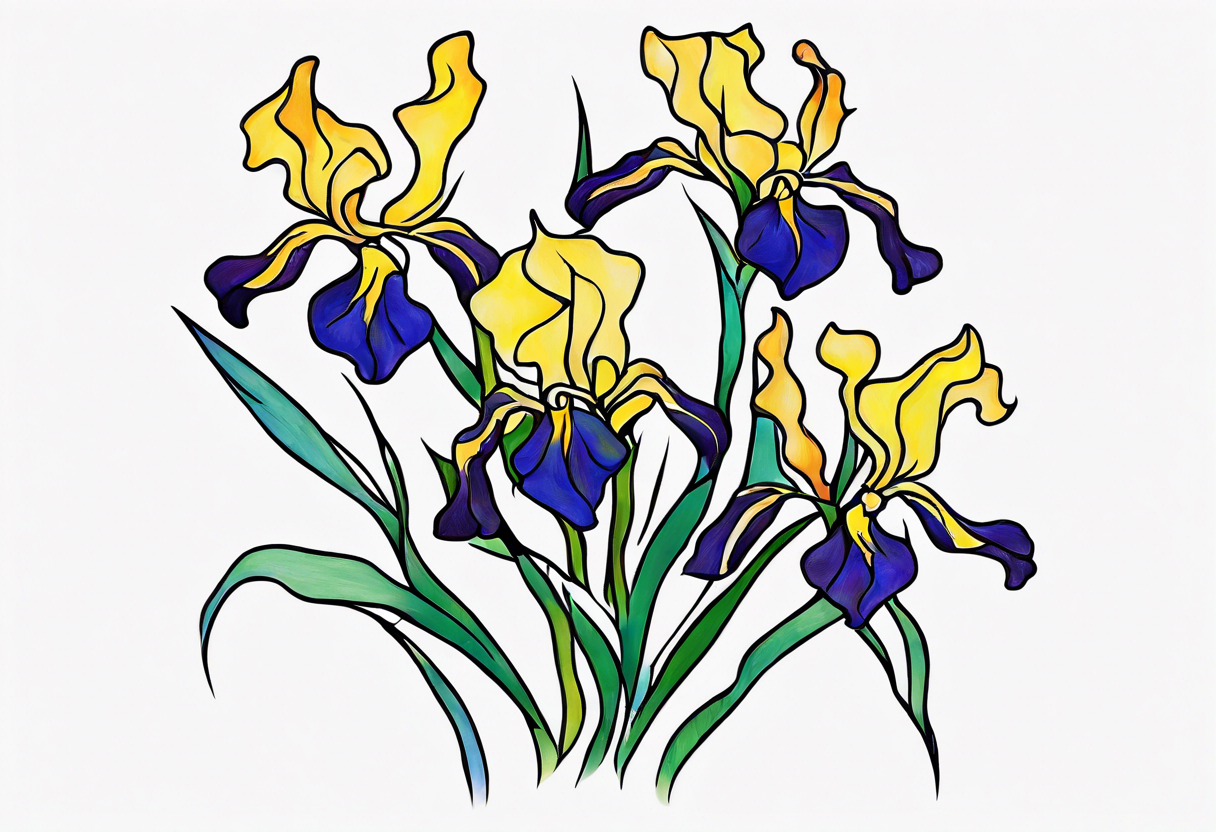 Create a small, colorful geometric Vincent van Gogh Irises tattoo. Pay attention to the graceful flow of the vines and the placement of the irises to achieve a refined and elegant look. tattoo idea