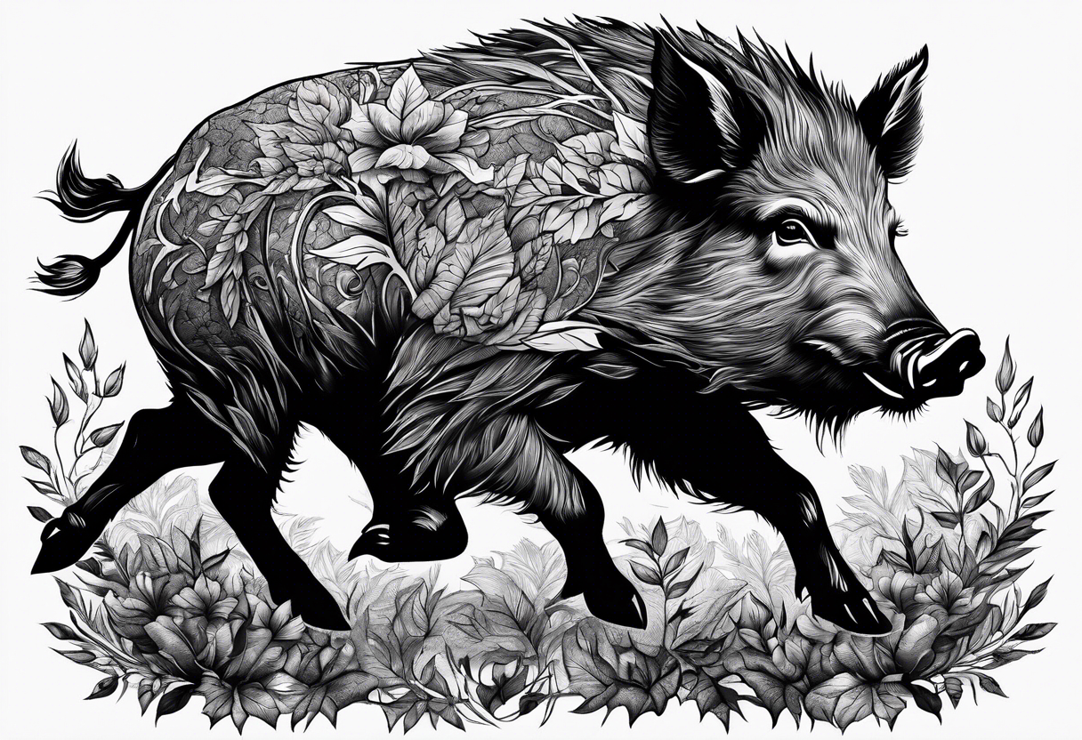 angry wild boar emerging from a tree
lots of foliage
on the wrist tattoo idea