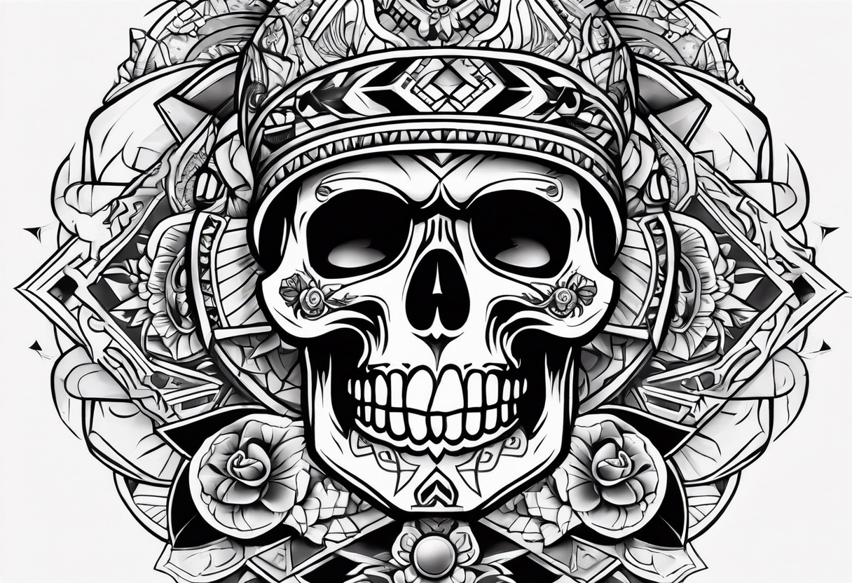 Old school knee tattoo with skulls and mayan symbols tattoo idea