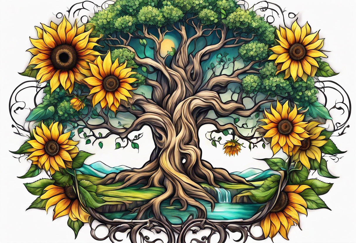 Feminine Yggdrasil tree with two sunflowers tattoo idea