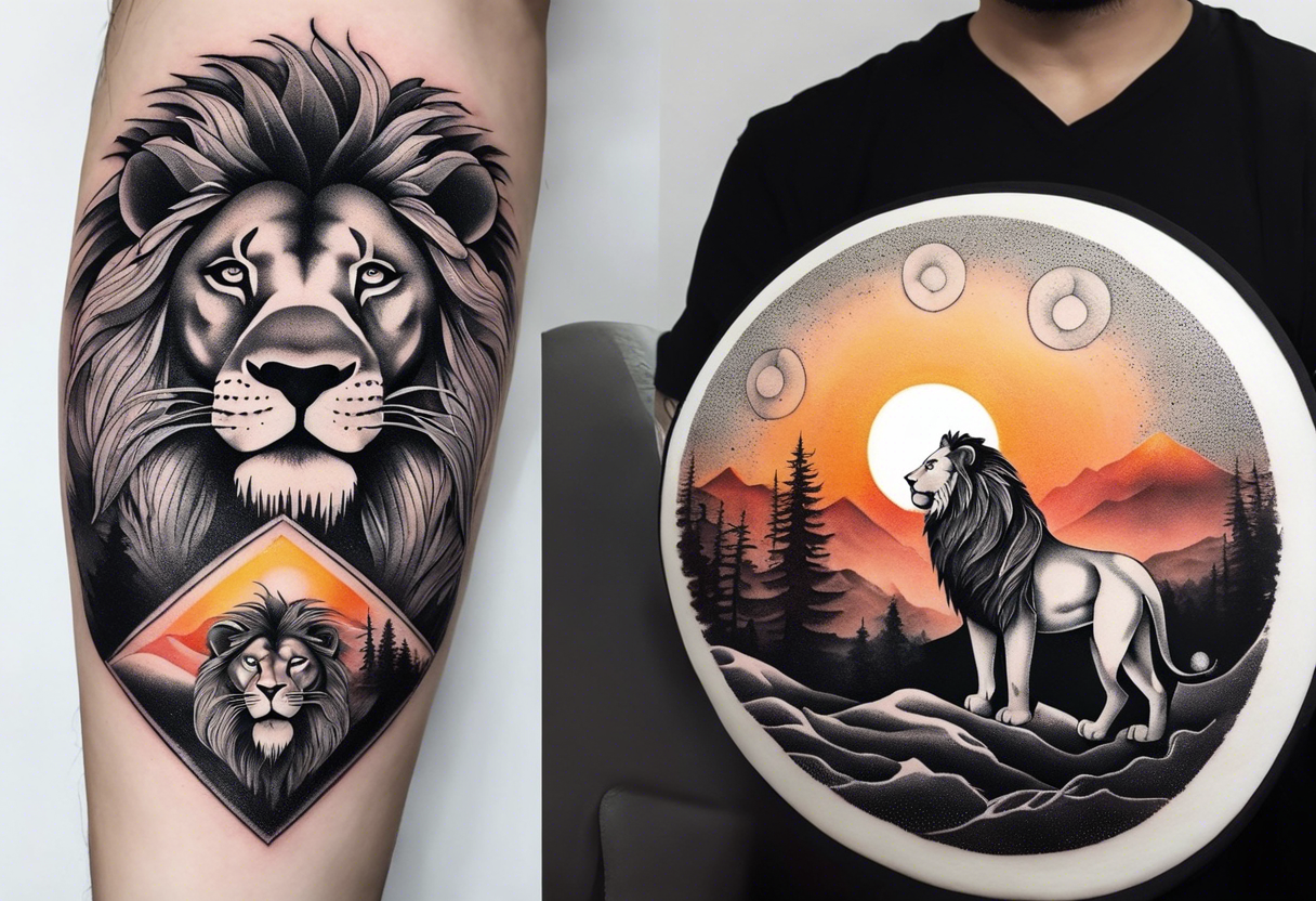 Tattoo in the shape of a lion head with a father and son in the mountains with  a waterfall and cross in the background and a sunset inside of it tattoo idea