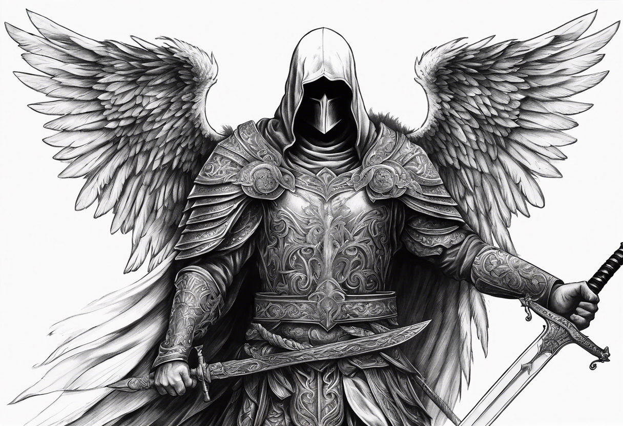 realistic angel of death, man, full body, no face visible, holding one sword, sword vertically pointing downwards tattoo idea