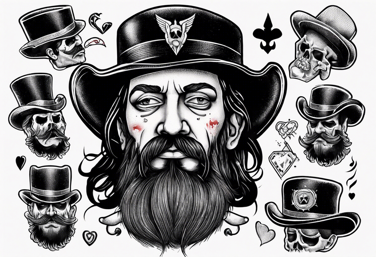 heartbroken man with lemmy hat, beard -moustache tattoo idea