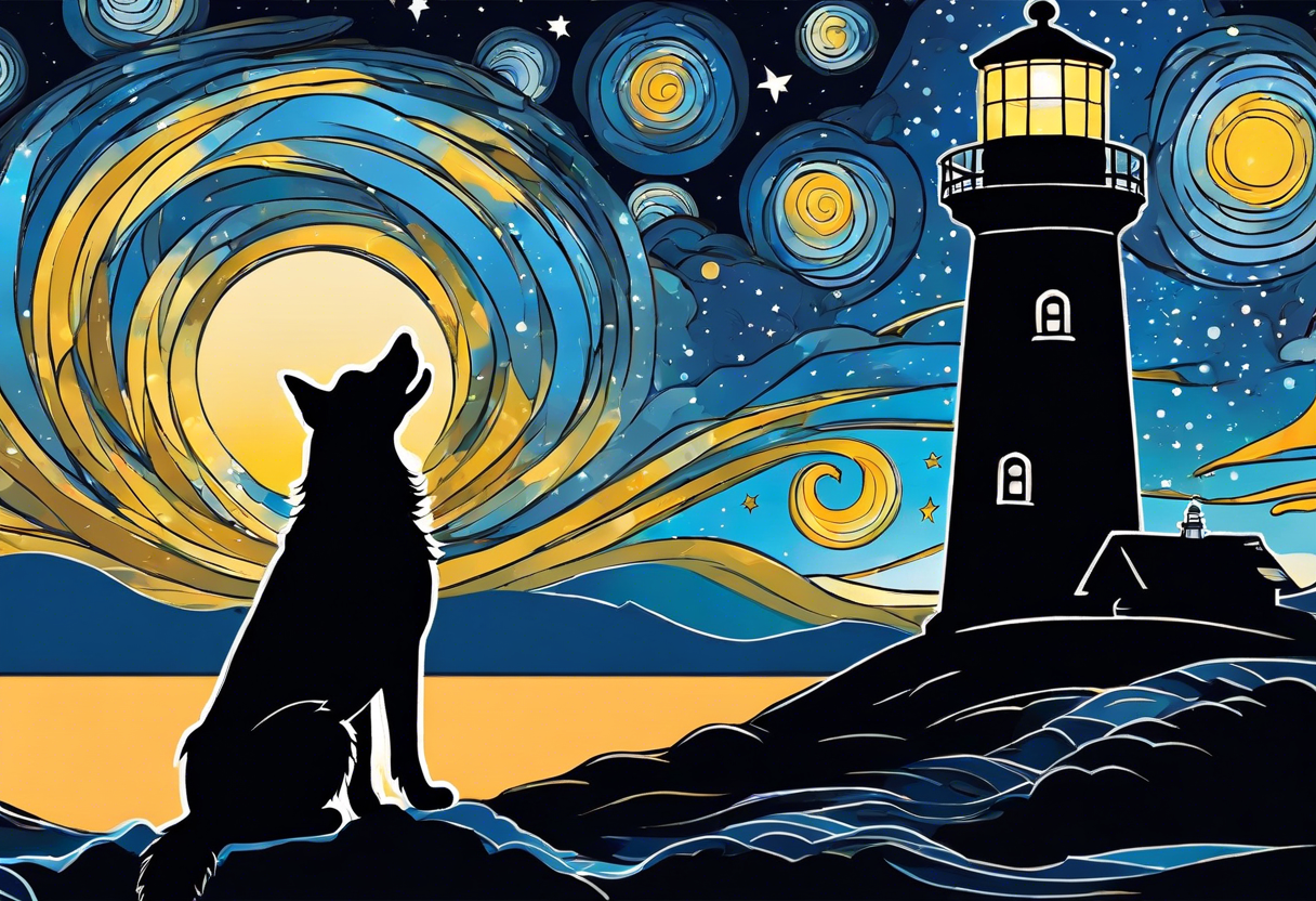 A silhouette of a german shephard, and a human male, looking up at a night sky in the style of Van Gogh Starry Night with a lighthouse in the background. Make the image twice as tall as it is wide. tattoo idea