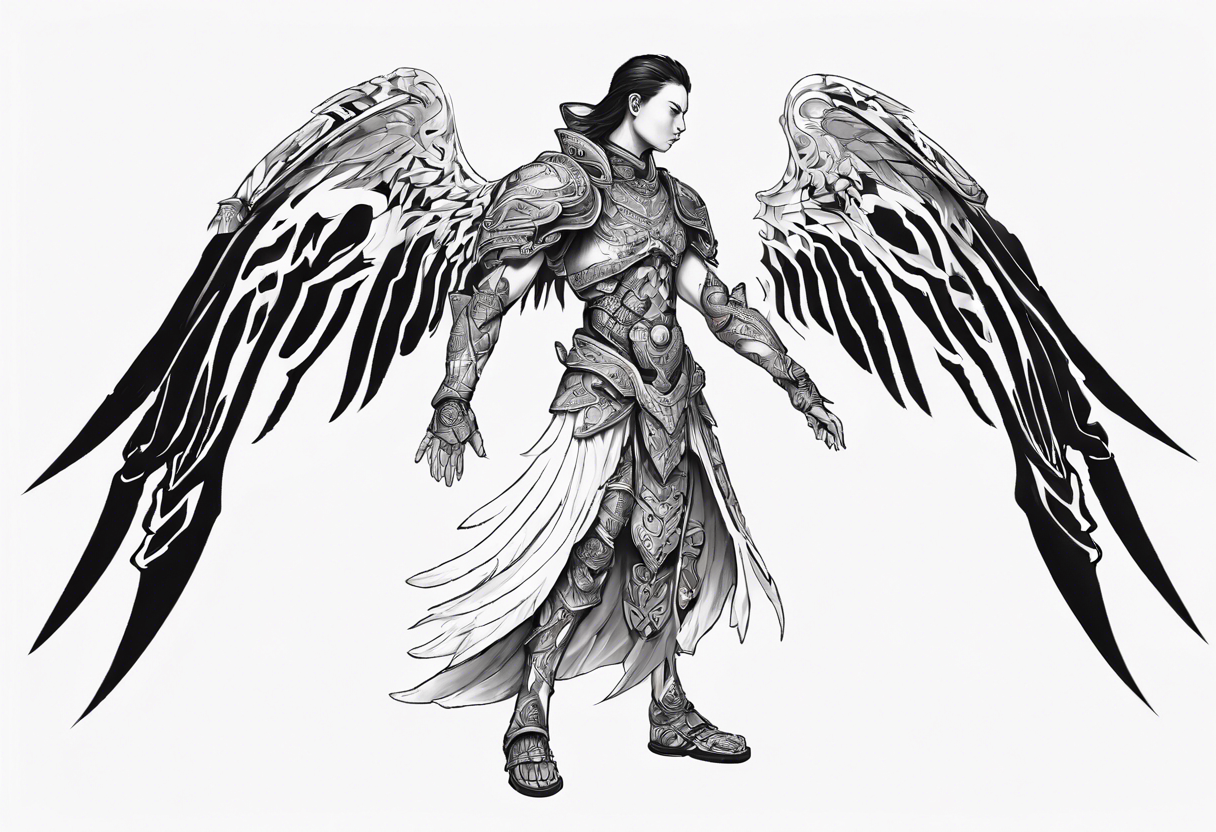 Side view of an angel wearing inorganic armor that is in mid-air ready to attack tattoo idea