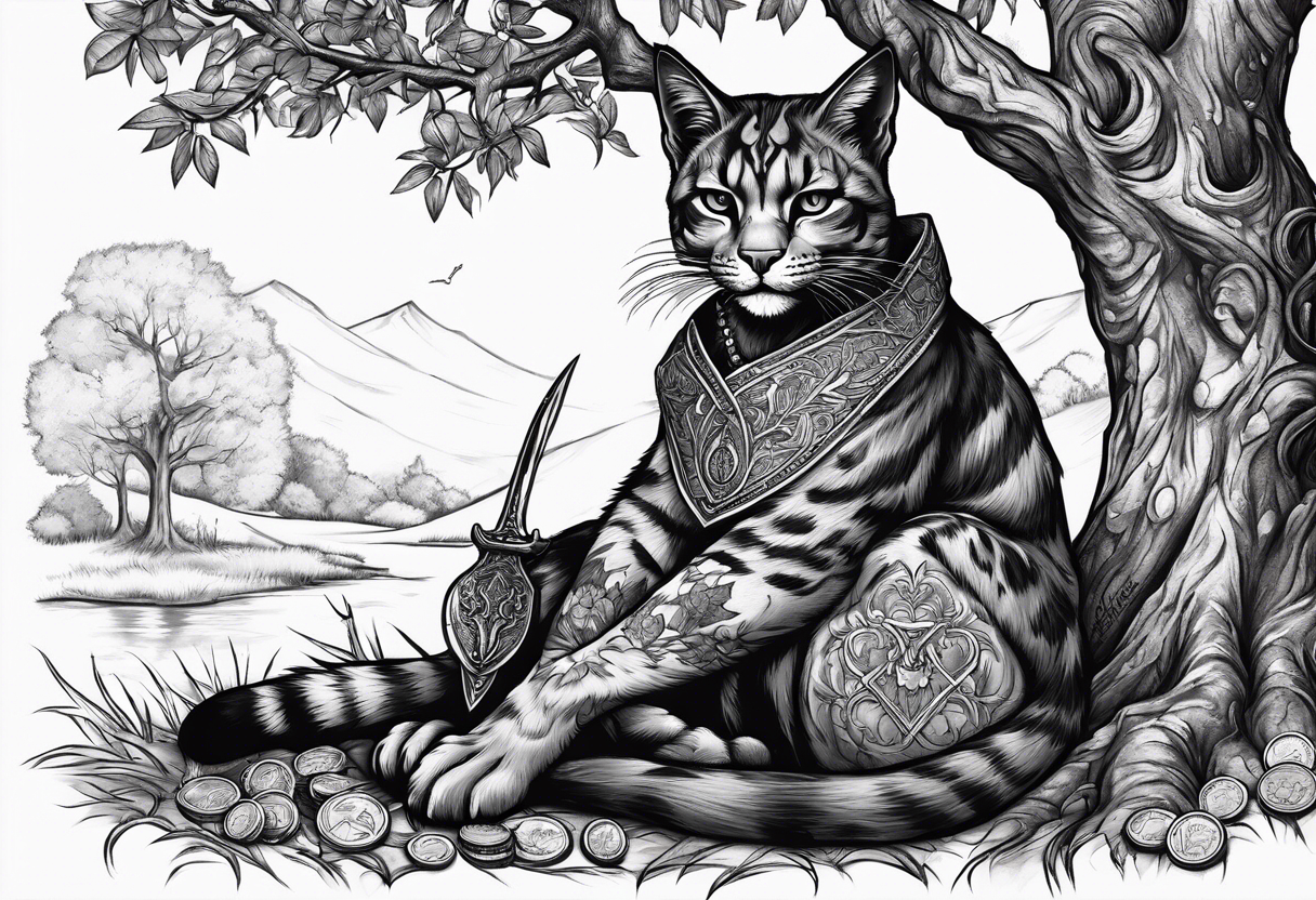 Khajiit sitting under an oak tree with a coin purse and dagger tattoo idea