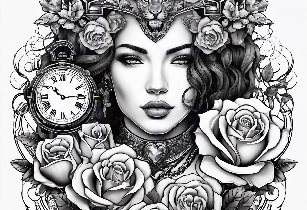 Women holding a mechanical heart roses, time watch, lion, strength tattoo idea