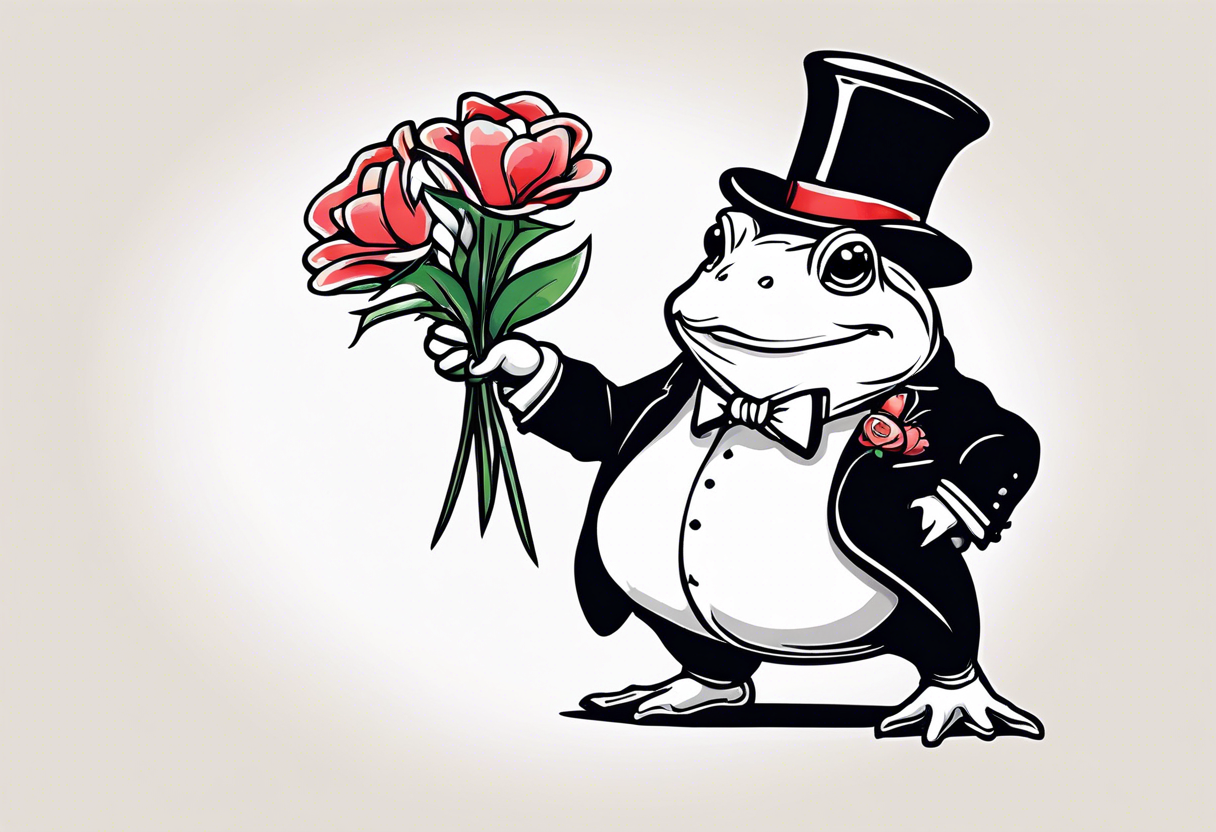 Cute toad standing on back legs  in a top hat and a formal suit holding flowers to go on a date tattoo idea