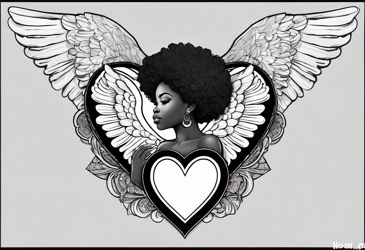 Baby Afro/metiss Angel holding heart, side way flying with name Leah. For chest tattoo on left pec tattoo idea