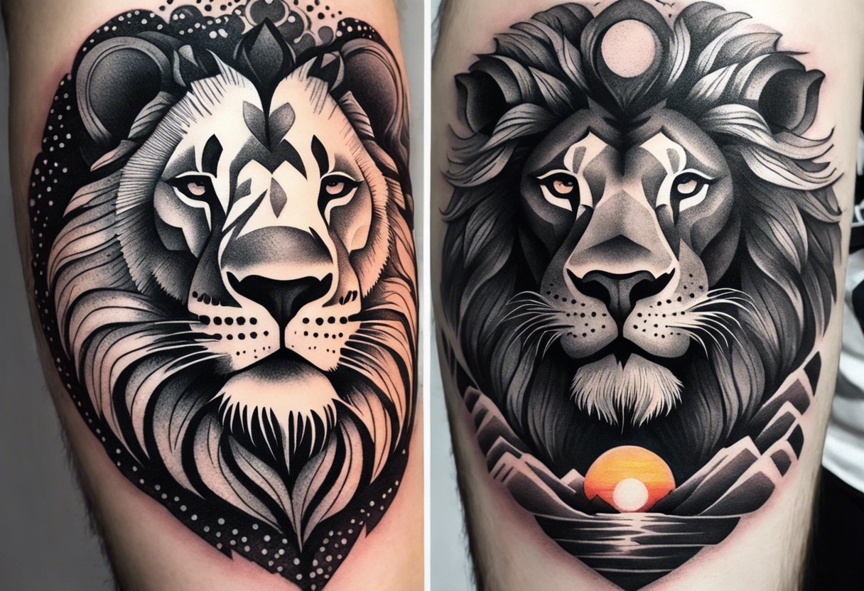 Tattoo in the shape of a lion head with a father and son in the mountains with  a waterfall and cross in the background and a sunset inside of it tattoo idea