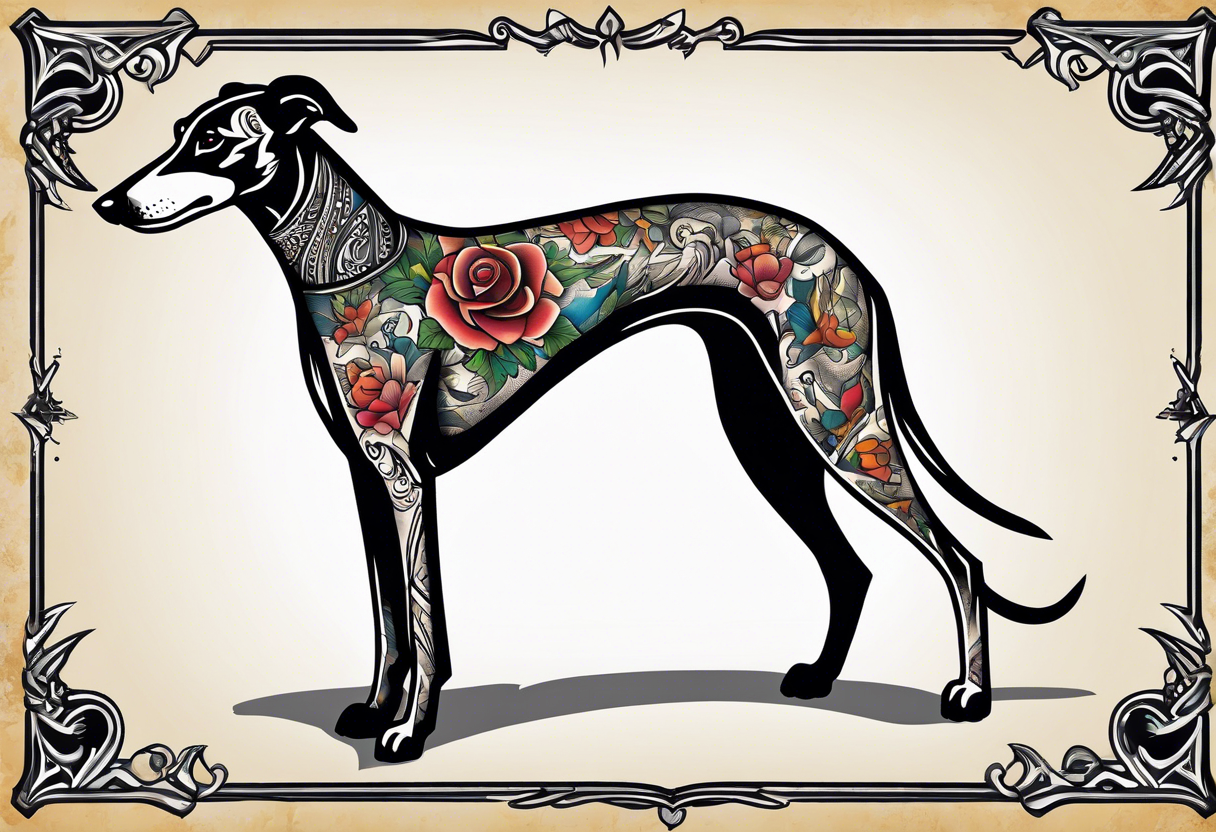 Punk greyhound standing on hind legs wearing leather jacket tattoo idea