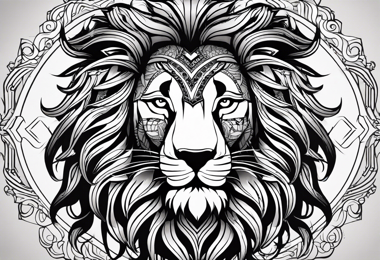 A lion designed with tribal patterns, using bold black lines that emphasize the contours of the lion's face and mane. This style can incorporate cultural significance and artistry. tattoo idea