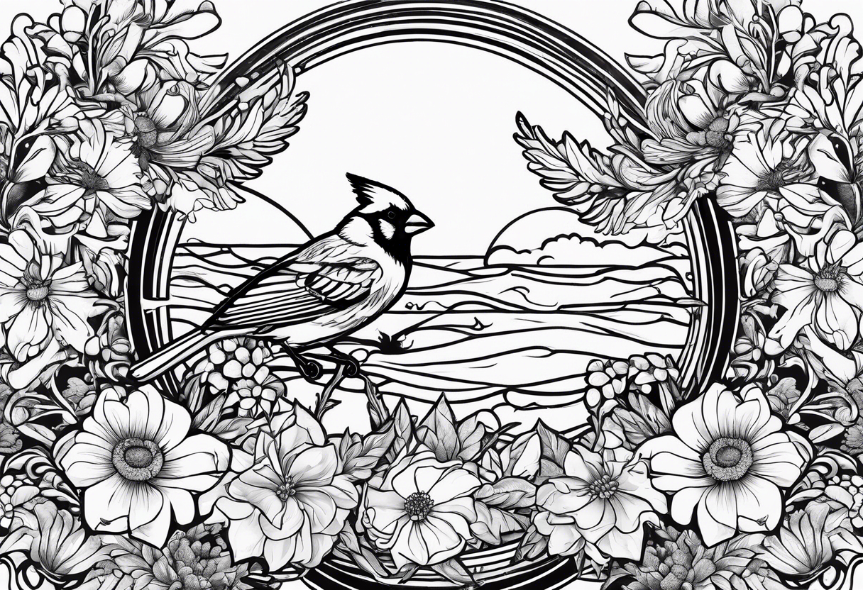 Bouquet of Aster flowers and sea rocket flowers with a cardinal around the words Dad tattoo idea