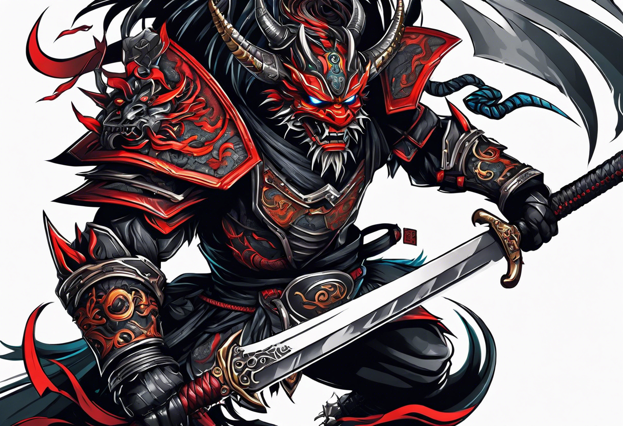 Angry robot demon ninja with demon mask with huge sword fighting dragon tattoo idea