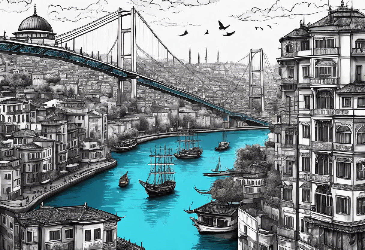 Istanbul bridge with blue details and behind them a big yellow canary tattoo idea