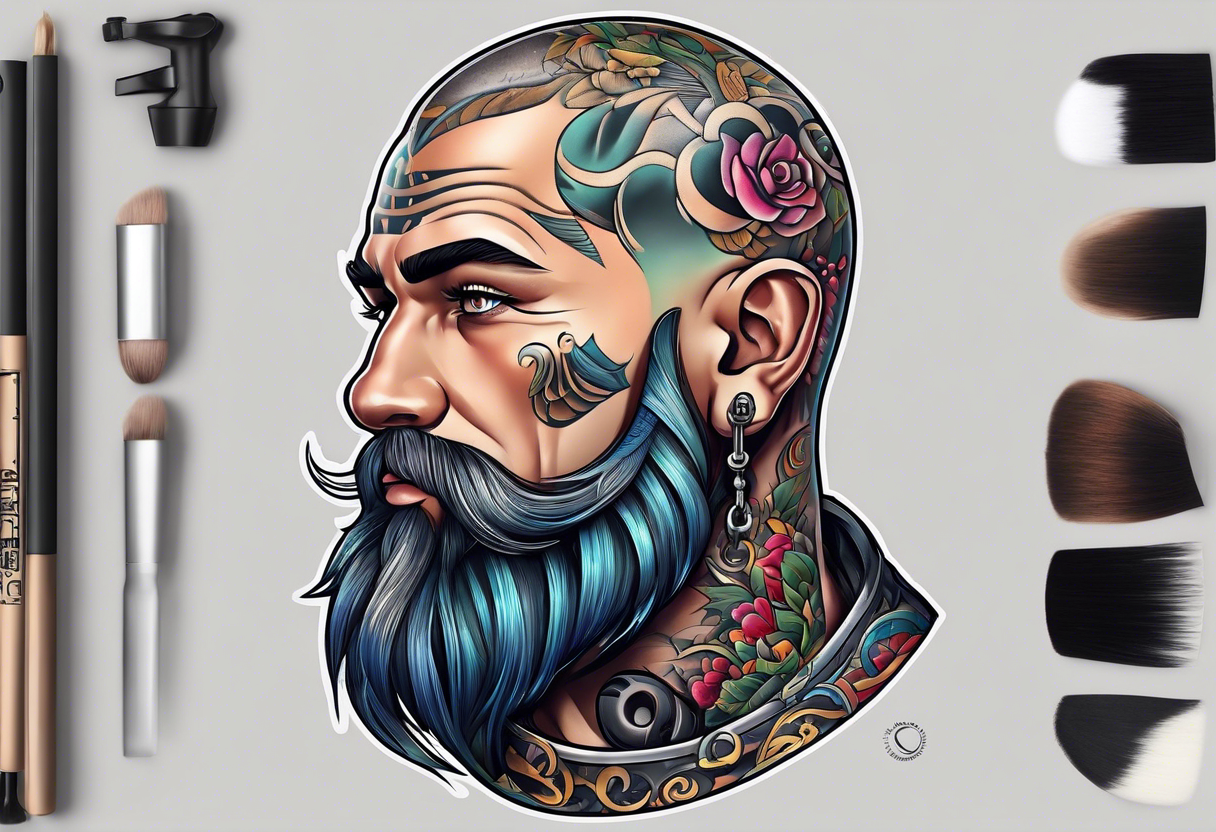 Male, slim oval face, sunken eyes, no hair on sides and pony-tail on top, mechanic tattoo idea