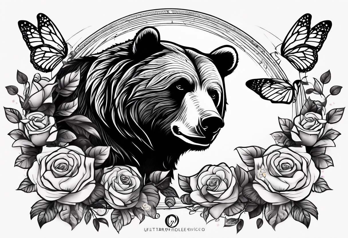 Bear under the tree of life with multicolor roses and three butterflies for an upper arm tattoo. tattoo idea