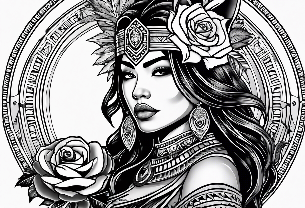 Armored Aztec woman woman with a wolf and a cored rose tattoo idea