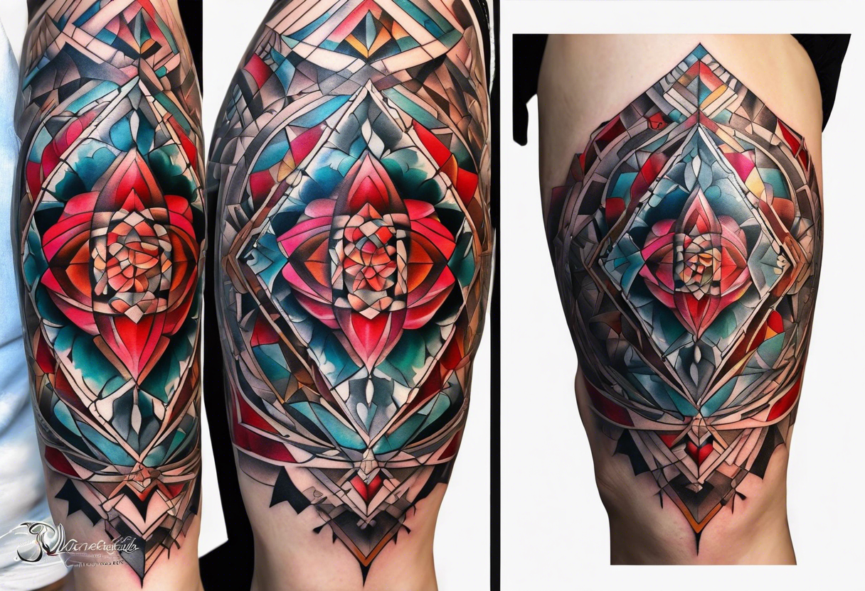 Knee tattoo with tints of red and sacred geometry tattoo idea