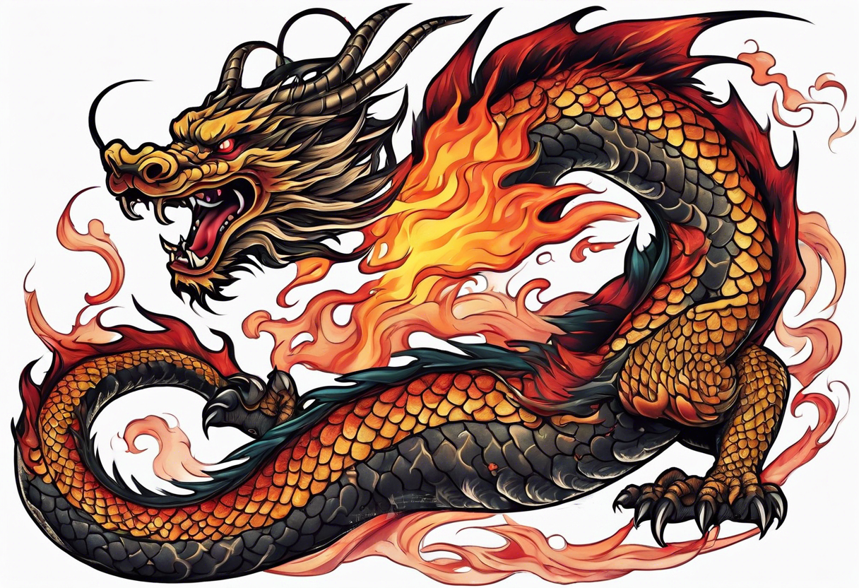 japanese dragon with flames and red highlights on a meat jerky label tattoo idea