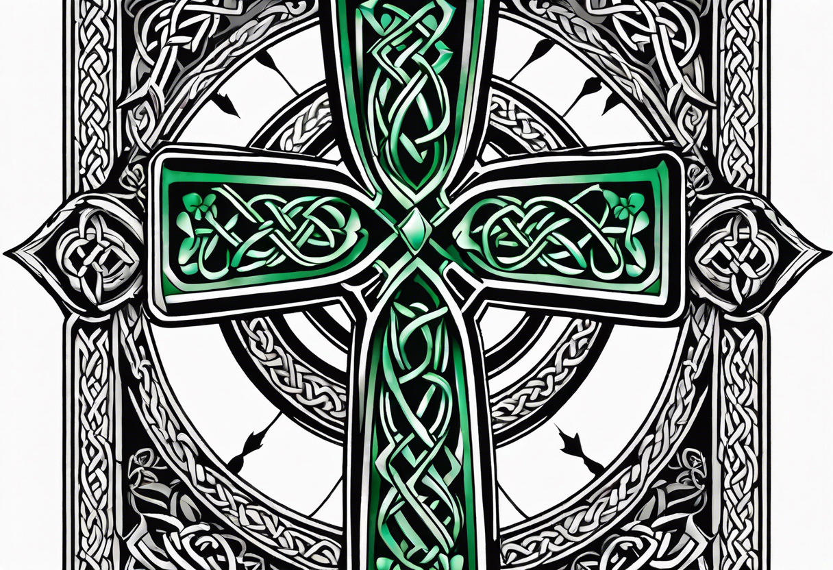 Celtic cross, shamrock in center of cross, one Indian feather hanging from each side arm of cross tattoo idea