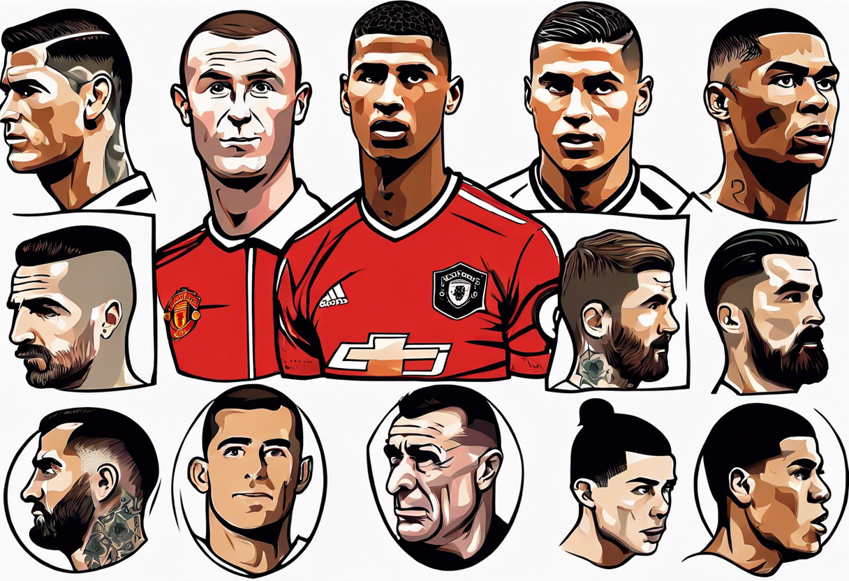 Rooney, Ronaldo, Best, Charlton, Cantona and Rashford at a table tattoo idea