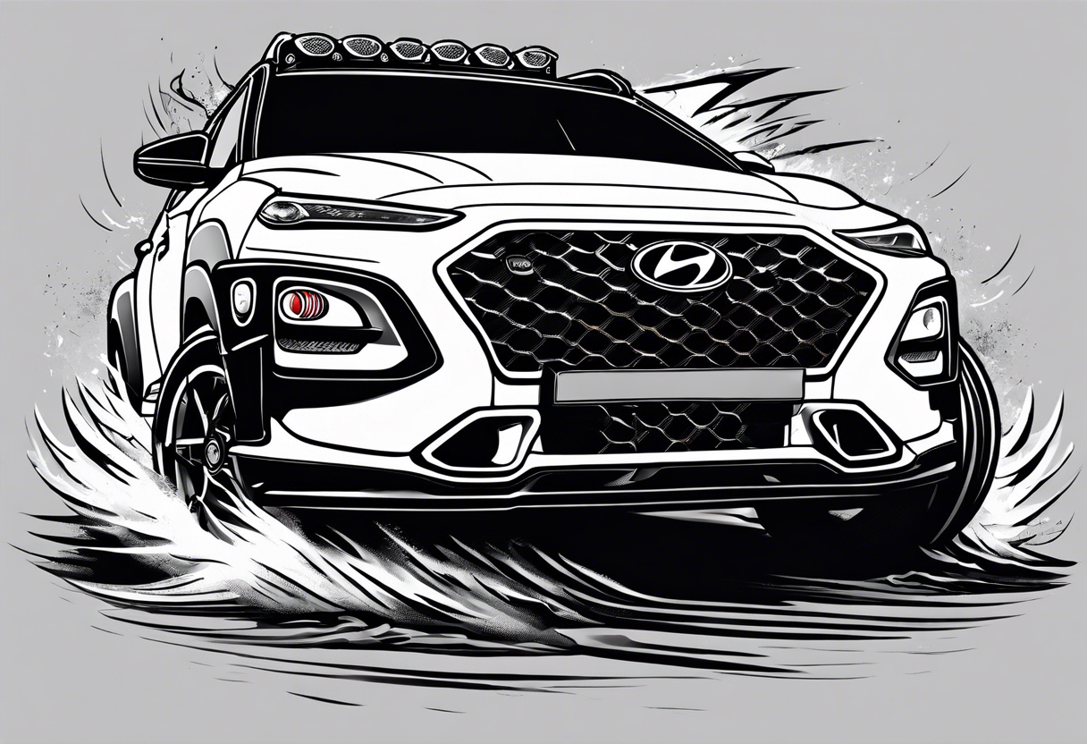 hyundai kona rally muscle car with lightning bolts with a tubocharger in the hood tattoo idea