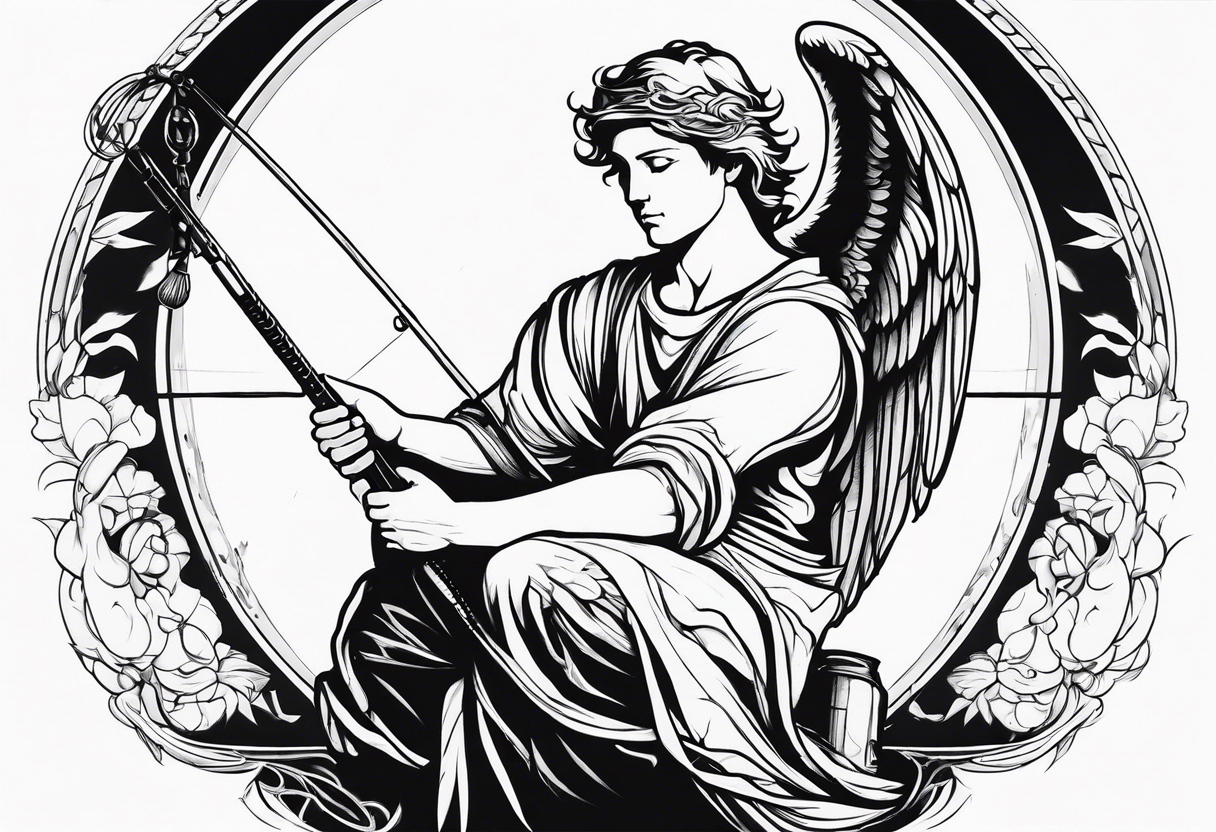 male angel with a halo sitting peacefully holding a modern fishing rod tattoo idea