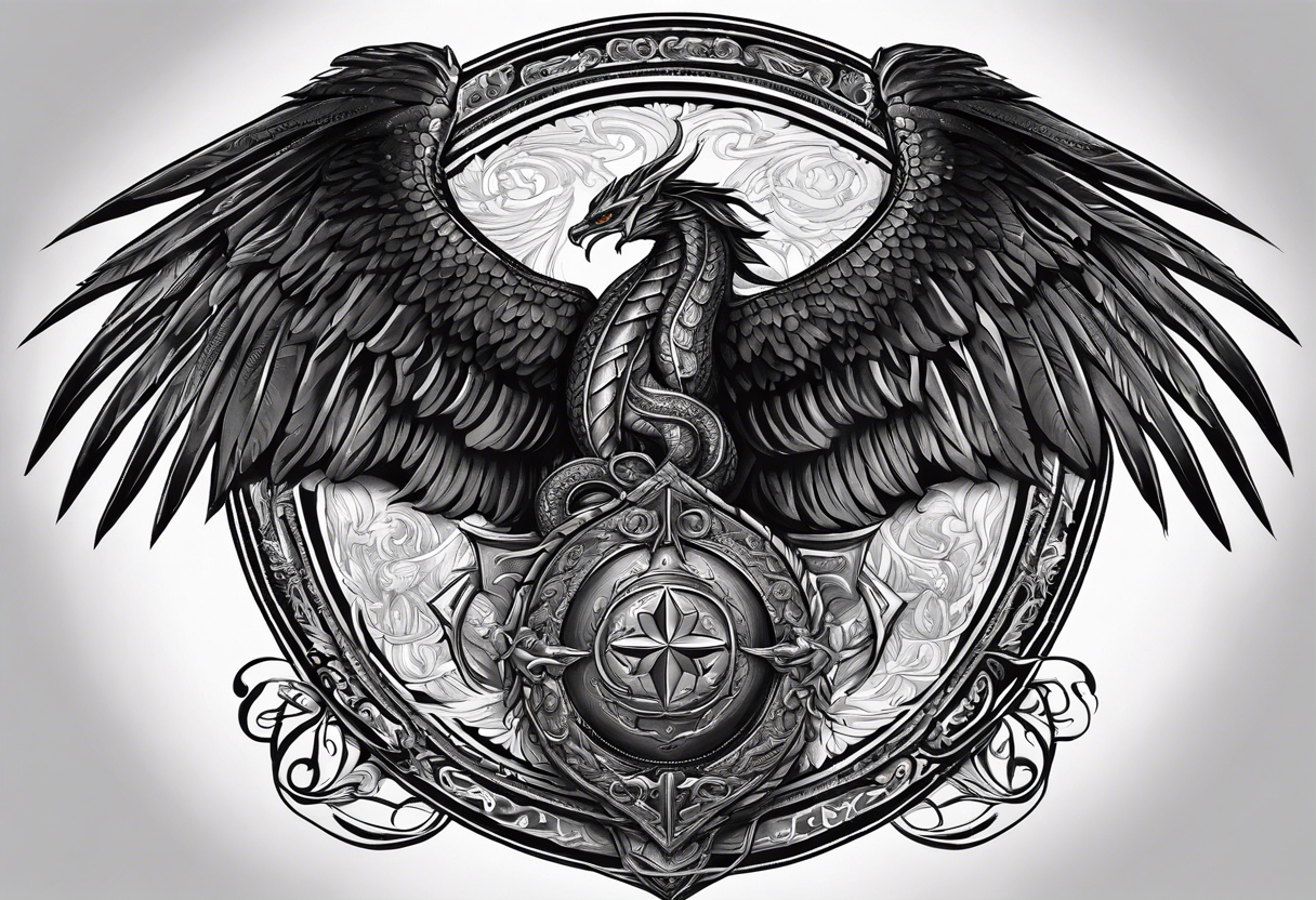 make the theme: Spiritual guardianship and divine authority. 
A majestic, winged serpent coiled around a shield and sword, with the verse inscription woven into the design. tattoo idea