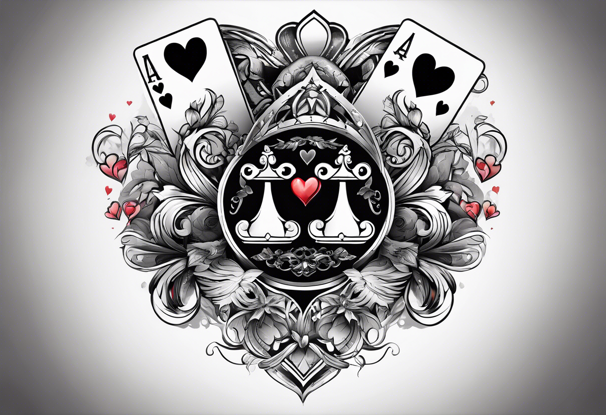 6 aces, overlapping in a row, first two faded and worn aces of hearts and the later ones new and strong tattoo idea