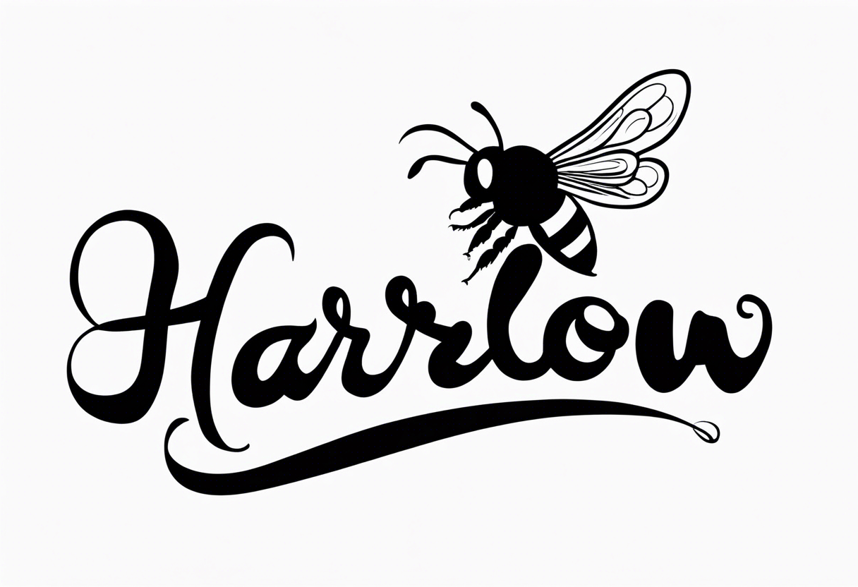 Harlow written in cursive and then a bumblebee flying off the end of the w at the end of the name tattoo idea