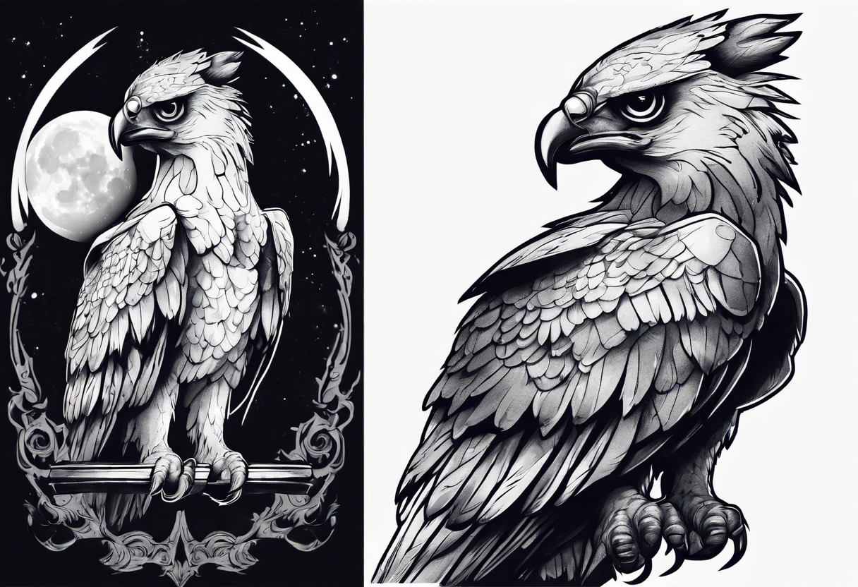 Harpy eagle at night with moonlight flying high gothic architecture dark  and gloomy atmosphere tattoo idea