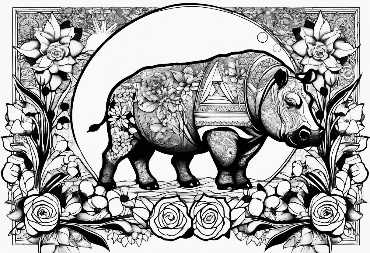 Hippo, flowers, moon, interstella , artic surreal, 
Extreme fine lines, +tribal, +geometric, develop from my favourites tattoo idea