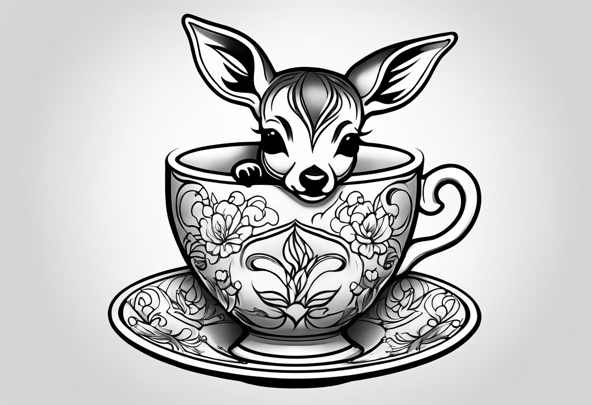 simple line art fawn fully in a teacup tattoo idea