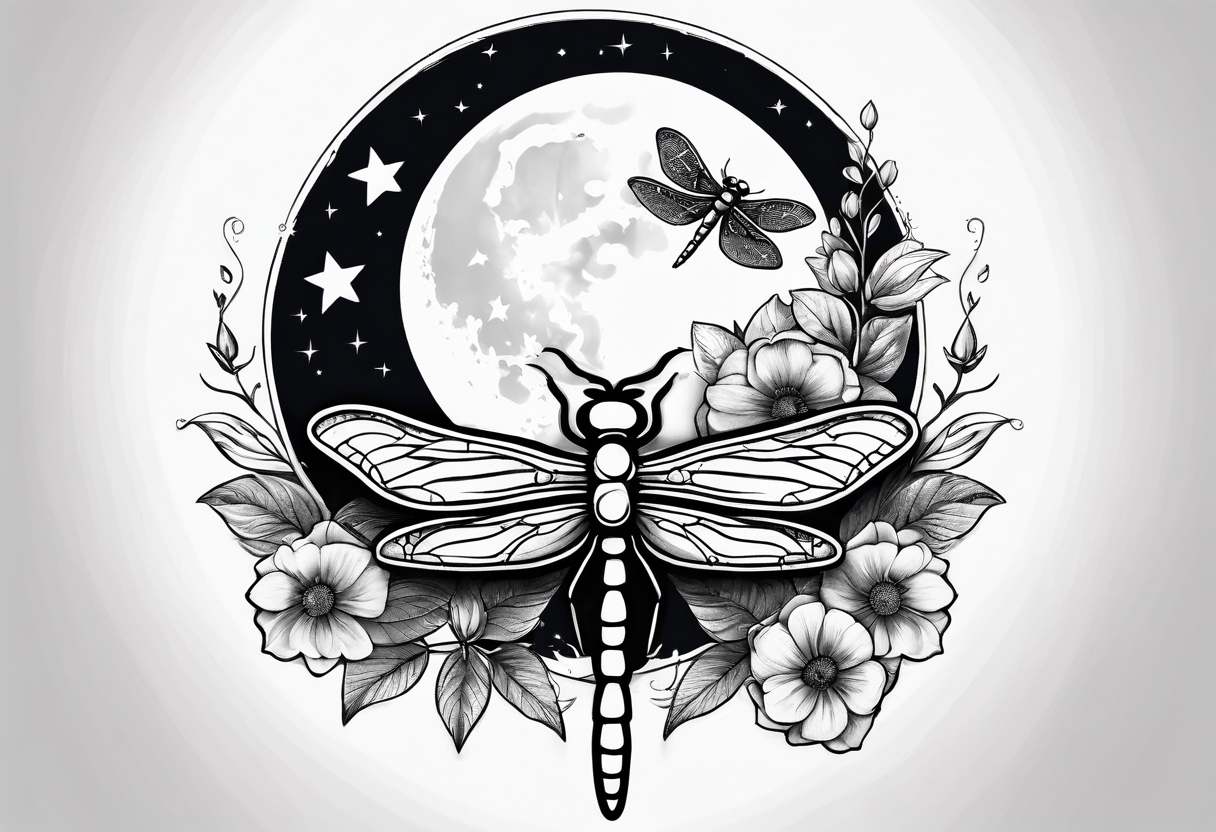 Floral moon phases with dragonfly and chain with stars in a line tattoo idea