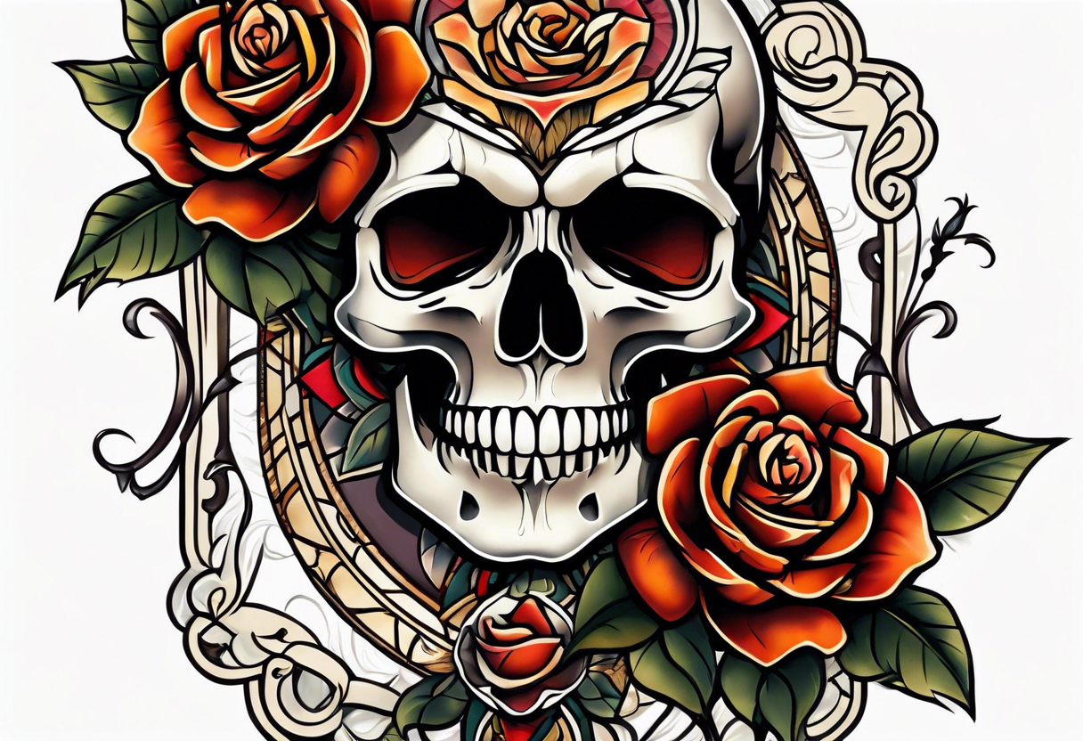 neo traditional Knee tattoo in fall colors showing a large skull with a rose in the style tattoo idea