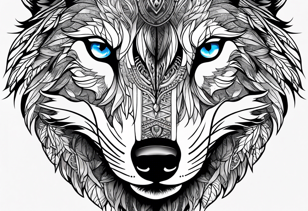 Halbes Gesicht eines Wolfes
Im Hintergrund Wald und Berge
Fenrir tattoo idea