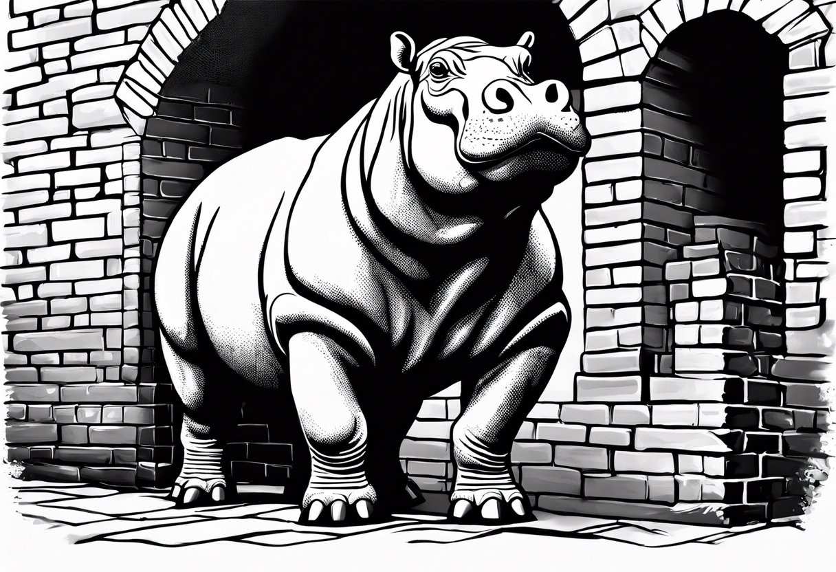 Hippopotamus standing upright and laying bricks onto a partially built brick wall tattoo idea