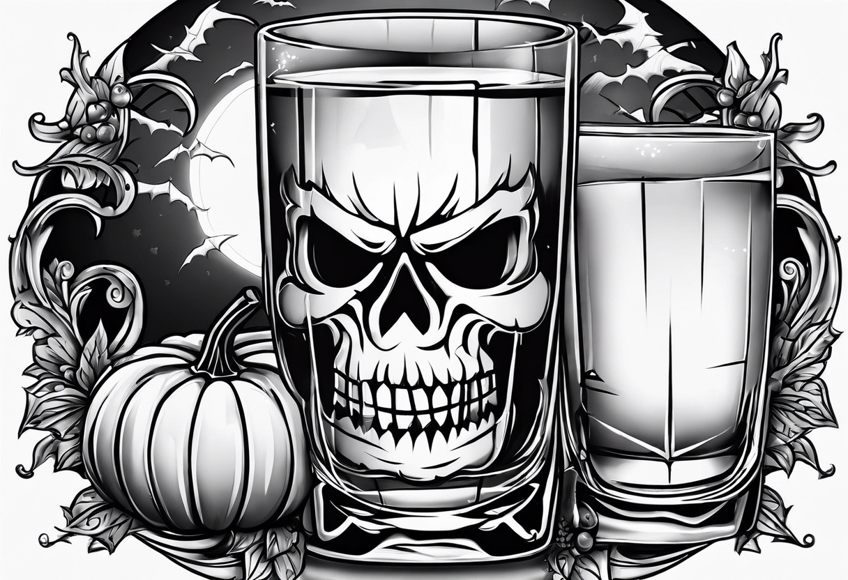 glass of whiskey with one single ice cube that is the Halloween jack-o-lantern tattoo idea