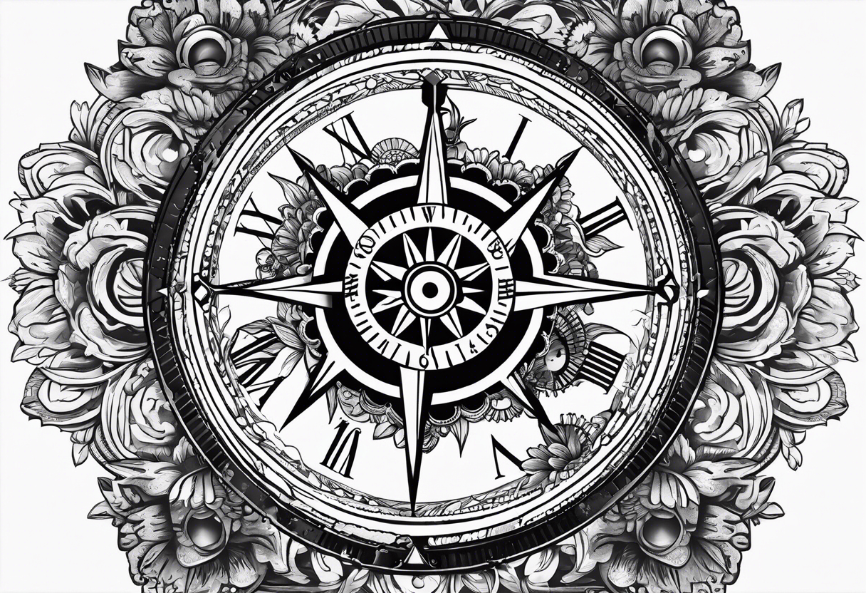 A Vintage compass with gears and marigold flower behind the compass. tattoo idea