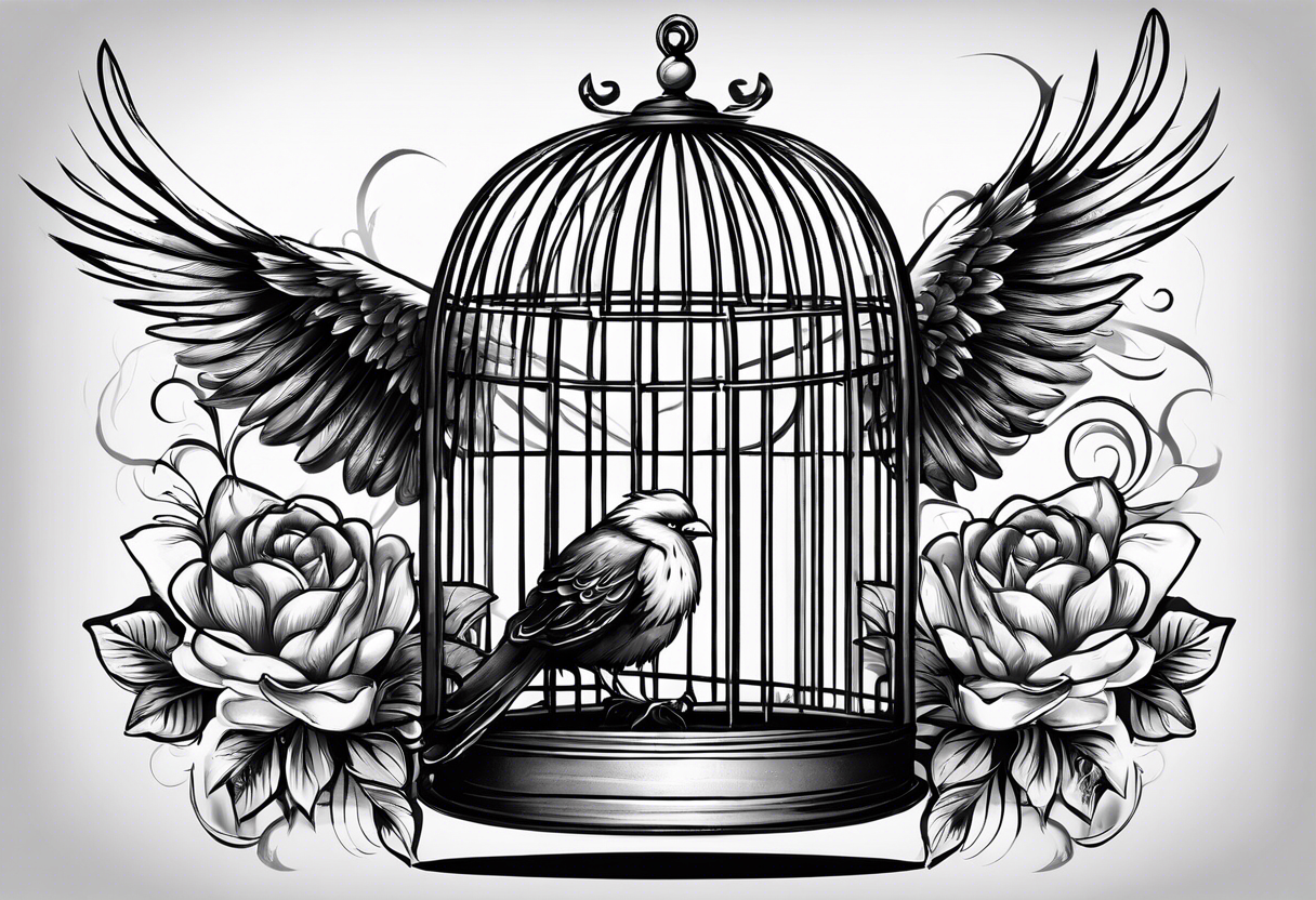 big bird in a long but too small cage for him. the bird seats in the cage and the wings of the bird passing threw the bars of the cage.
 Add decoration outside the cage like flowers or foliage tattoo idea