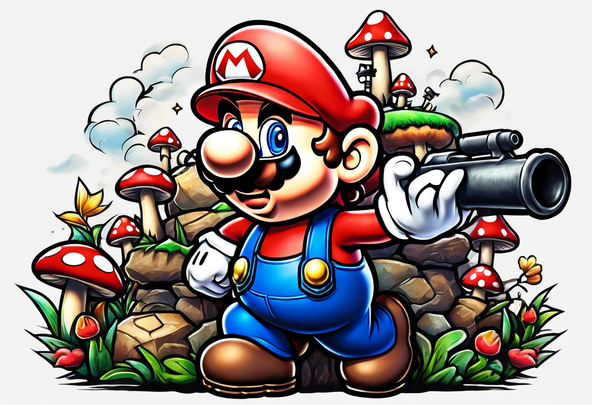 Mario brothers with toadstool and cannons and bombs tattoo idea