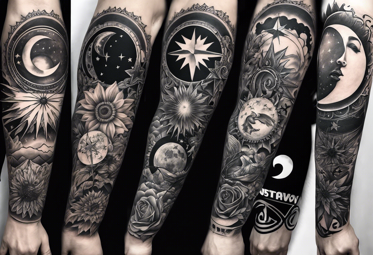 Collage for full left arm sleeve with:
a sun with a quarter moon, 
2 stars,
bass guitar, 
caduceus symbol tattoo idea