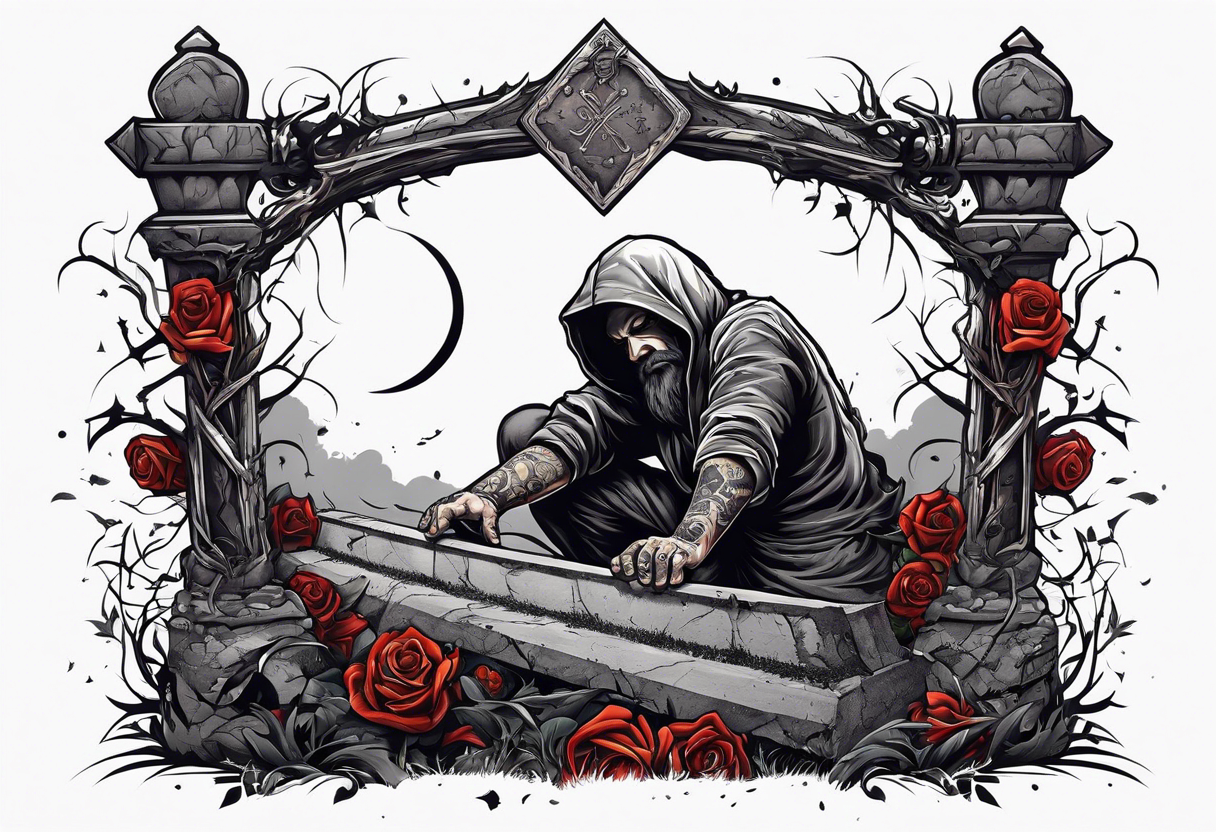 Man crawling out of grave. 
MIW Reincarnate written on gravestone tattoo idea