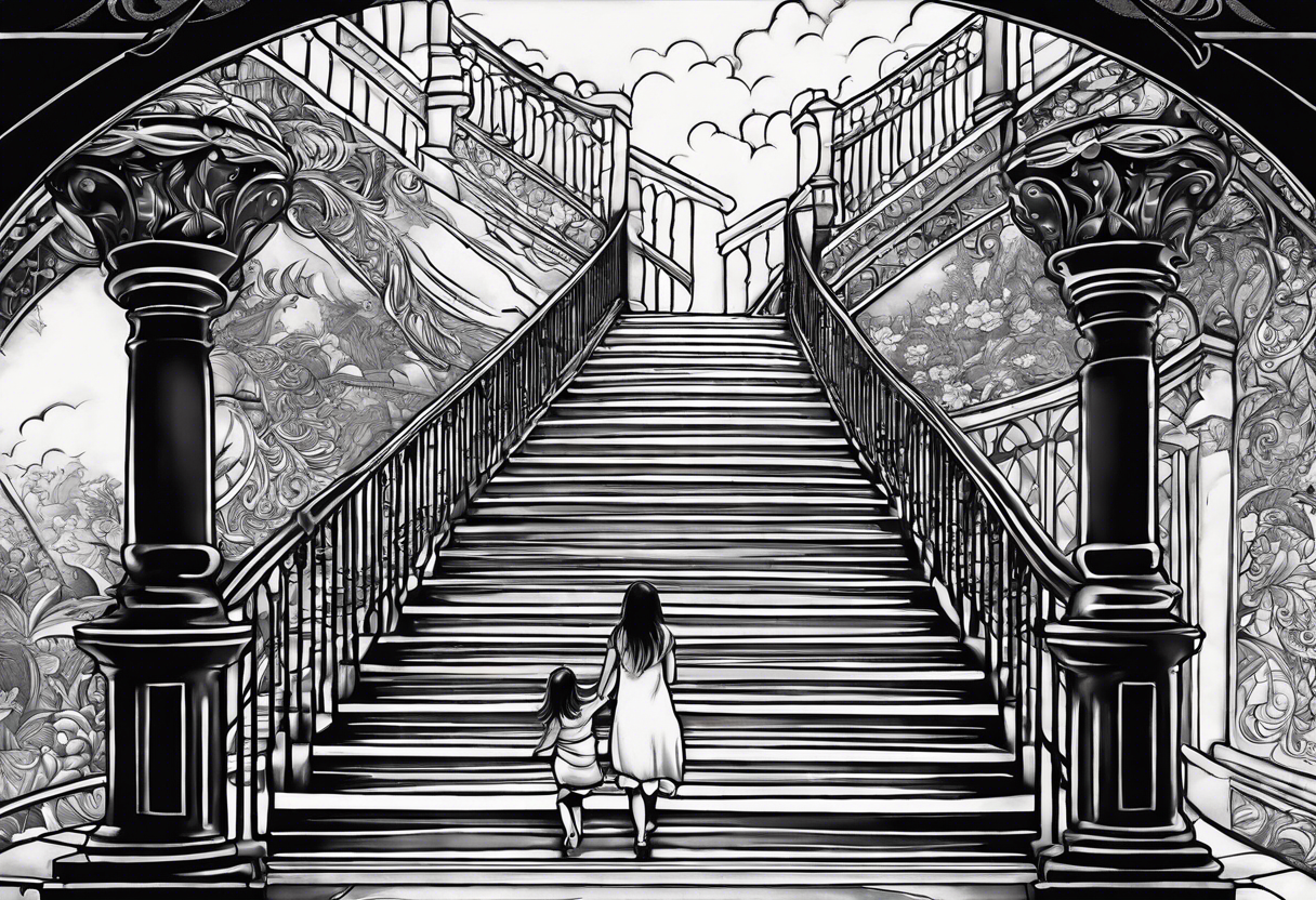 Stairway to heaven shoulder to elbow sleeve with sister holding her baby walking up the stairs and the dates 1999-2022 tattoo idea