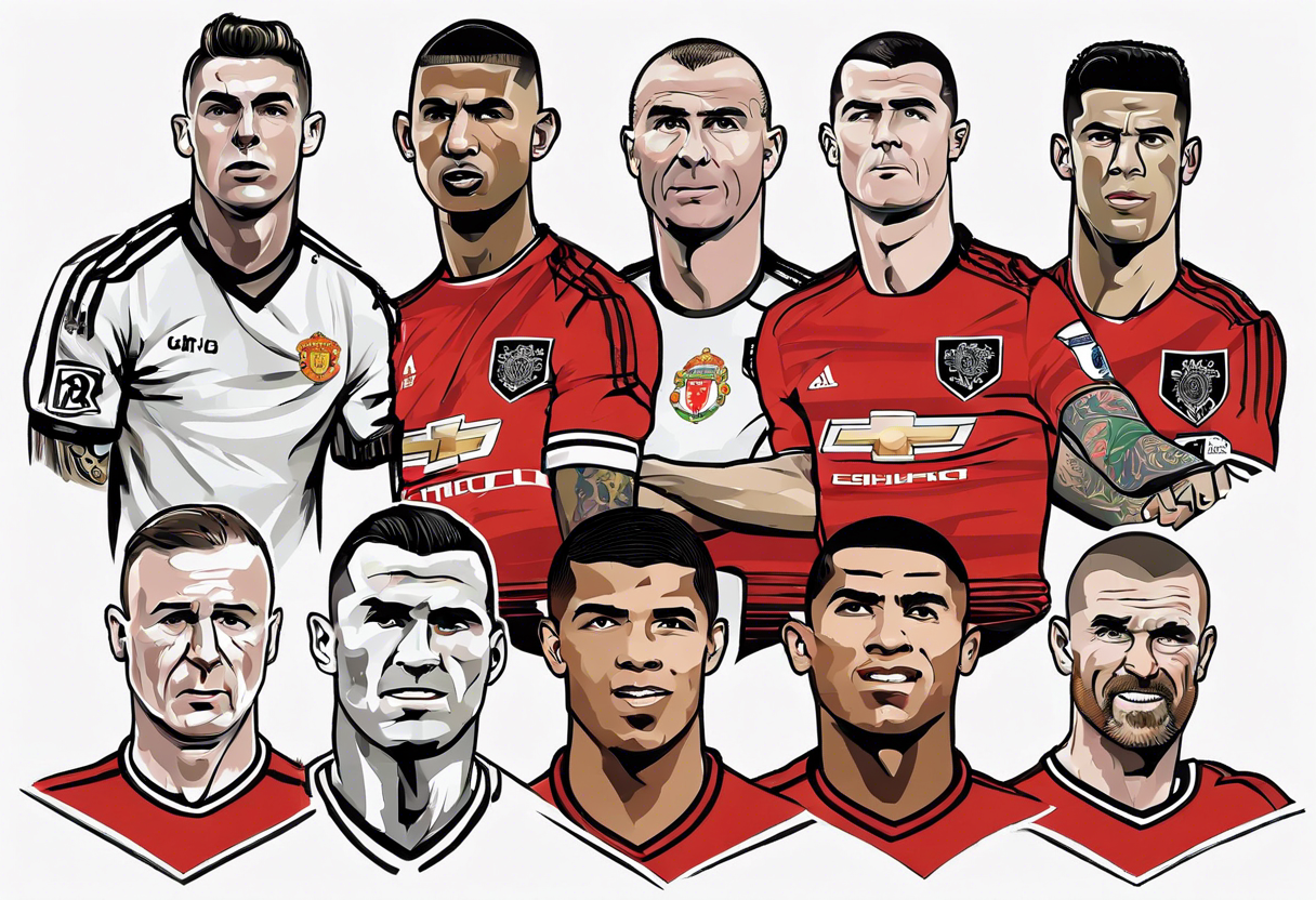 Rooney, Ronaldo, Best, Charlton, Cantona and Rashford at a table tattoo idea