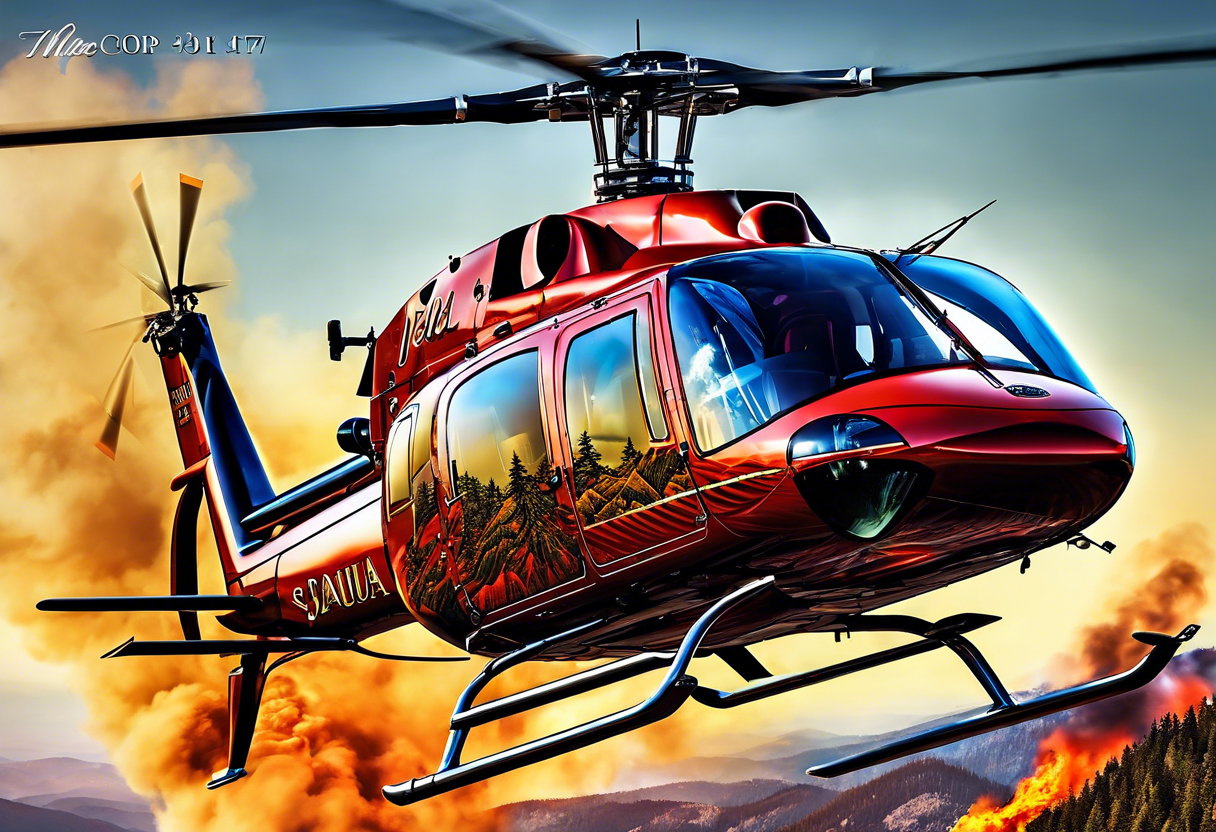 a bell 407 helicopter with the name "T. Sousa" on it, with multiple other helicopters below it, over a wildfire, with the pilot wearing night vision goggles. tattoo idea